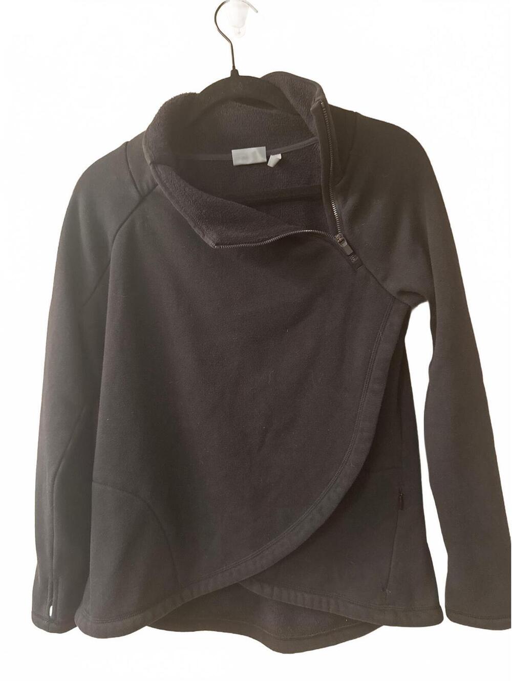 Athleta Black Asymmetrical Zip-Up Fleece Jacket with Thumb Holes, Size Medium